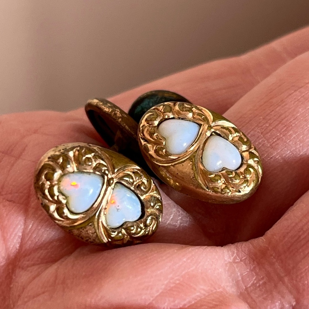 Antique Victorian Rolled Rose Gold Art deco double Opal Heart Cuff links